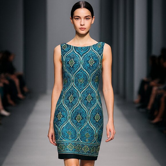 CACHE Sheath Dress, Stretch mesh, shirred panel, sleeveless, size 4, Blue, Green - Picture 1 of 8